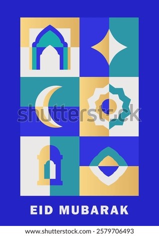 Flat Ramadan Kareem greeting card: mosaic with Islamic motifs: arch, crescent moon, geometric pattern, lantern, decorative stars. Eid Mubarak modern poster, trendy banner in golden, teal, white, blue.