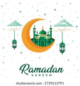 Flat Ramadan Kareem greeting design featuring crescent moon, mosque silhouette, hanging lanterns and starry sky background.