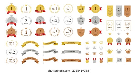 Flat ranking number laurel wreath badge set gold silver bronze No.1 No.2 No.3 vector icon collection