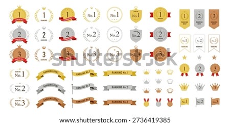 Flat ranking number laurel wreath badge set gold silver bronze No.1 No.2 No.3 vector icon collection