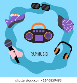 Flat rap, hip hop music symbols poster. Retro sneakers, sunglasses, headphones with hand holding microphone and chain with dollar. Vector illustration