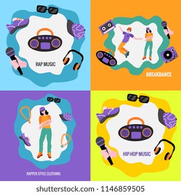 Flat rap, hip hop music symbols icon poster set. Dancing girl, raper man dj vintage vinyl turnable, sunglasses, headphones with hand holding microphone and chain with dollar. Vector illustration