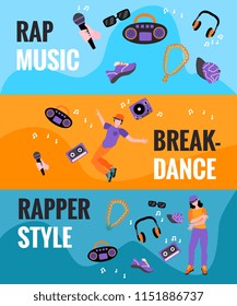 Flat rap, hip hop music symbols icon poster set. Dancing girl, rapper man dj vintage vinyl turnable, sunglasses, headphones with hand holding microphone and chain with dollar. Vector illustration