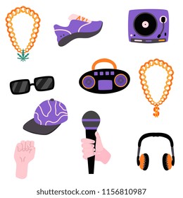 Flat rap, hip hop music symbols icon set. Retro sneakers, dj vintage vinyl turnable, sunglasses, headphones with hand holding microphone and chain with dollar. Vector illustration