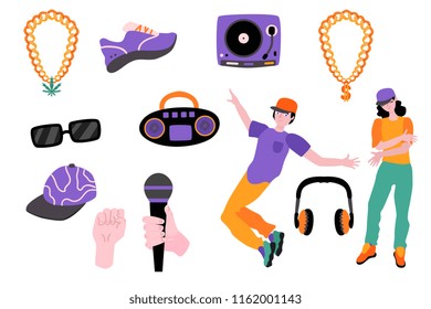 Flat rap, hip hop music symbols icon set. Dancing girl, raper man dj vintage vinyl turnable, sunglasses, headphones with hand holding microphone and chain with dollar. Vector