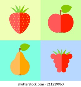 Flat raspberry, apple, pear and strawberry cute set