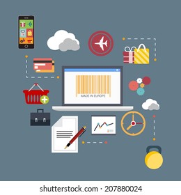 Flat raster graphic scheme of web analytics information,illustration.Connections between pencil with sheet of paper,clouds,briefcase,plane,gifts,cogs,clock,mobile cellular, phone, computer, kettlebell