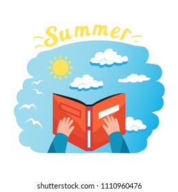 Flat reading a book icon. Hand holding a book. Simple vector illustration. Summer time.