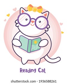 Katze flach lesen, Cartoon. Kindervektor. Frohe Sommerferien. Perfekt für Kinderkrankheiten, Grußkarte, Baby Duschmädchen, Stoffdesign.