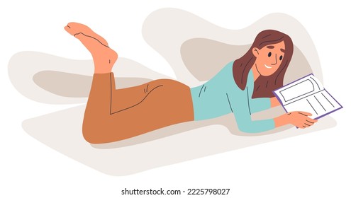 Flat reading girl, literature lover with book in hands. Female character reading book in comfy position isolated flat vector illustration on white background