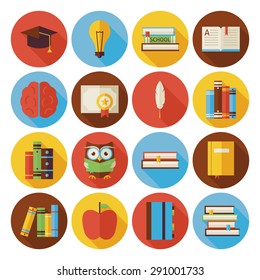 Flat Reading Knowledge And Books Circle Icons Set With Long Shadow. Flat Styled Vector Illustrations. Back To School. Science And Education Set. Collection Of Circle Icons 