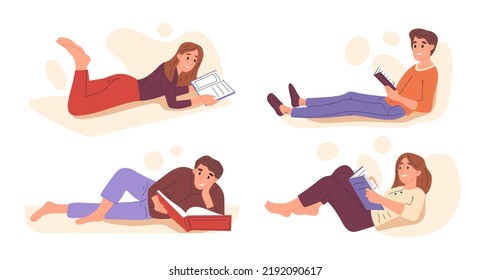 Flat reading people, studying characters, book lovers. Women and men with books, book readers, literature fans reading in comfy positions flat illustration set. People reading at home