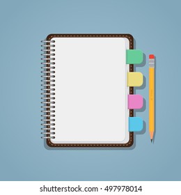 Flat realistic blank notebook with colorful bookmarks and pencil.