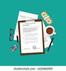 Flat realistic business agreement concept. Office objects, paper with notepad and ink fountain pen. Coffee cup, stack of money with glasses. Workspace brainstorm illustration.