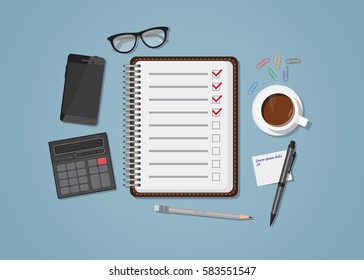 Flat realistic business checklist and planning concept. Office objects, paper with list and checkmark. Coffee cup and mobile phone with glasses. Workspace calculation and managment illustration.