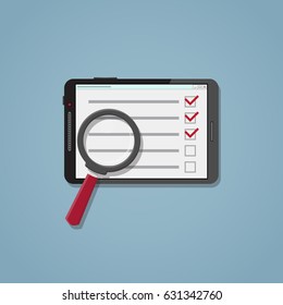 Flat realistic business checklist and planning concept. Tablet with list and red checkmark. Application with the function of searching for outstanding items.