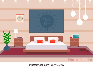 Flat realistic illustration of bedroom or hotel room. Suitable for advertising the hotel, furniture, lighting, house-warming. Vector