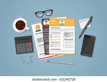 Flat realistic manager workplace for recruiting concept. Office objects, resume with candidate photo with various design. Coffee cup and mobile phone with glasses. Workspace calculation.