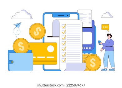 Flat receive on smartphone with coin money and credit card online shopping and success payment concept. Outline design style illustration for landing page, web banner, infographics, hero images.