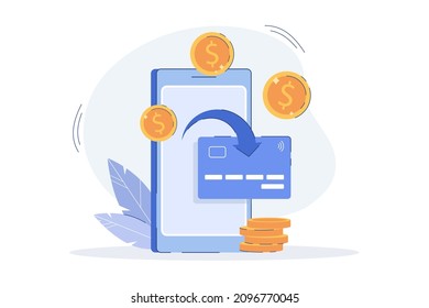 Flat receiving cashback bonus from paying online. Coins transfer from smartphone to e-wallet or banking credit card. Money reward program from purchase. Cash refund, financial savings concept.
