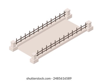 Flat, rectangular concrete bridge with light-colored surface and dark steel railings. Sturdy posts at each corner. Simple isometric design vector illustration isolated on white background