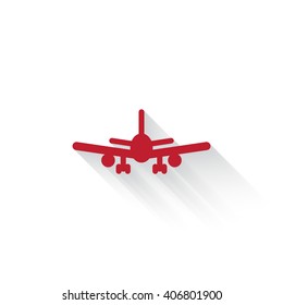 Flat red Airplane web icon with long drop shadow on white