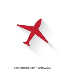 Flat red Airplane web icon with long drop shadow on white