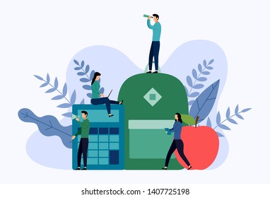 Flat red apple with calculator and backpack, vector illustration