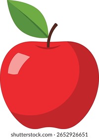 Flat red apple vector with green leaf. Great for nutrition posters, school materials, organic food labels, or healthy lifestyle designs.