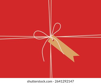 Flat red background, banner gift tied up with cotton red rope bakers twine bow and ribbons with blank kraft paper star tag. Packing string for present, pastry box for New Year, Christmas. Vector EPS10