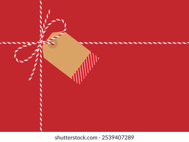 Flat red background, gift tied up with cotton red rope bakers twine bow and ribbons with blank craft paper tag. Packing string for present, pastry boxes for New Year, Christmas. Vector EPS10