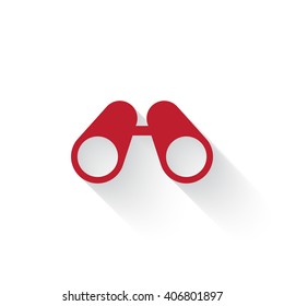 Flat red Binoculars web icon with long drop shadow on white
