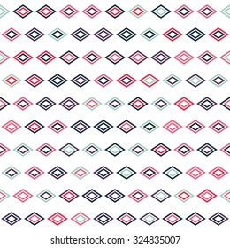 Flat Red, Blue and Green Diamond Lines on White Background - Abstract geometric shapes seamless pattern - Vector illustration