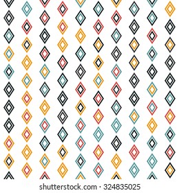 Flat Red, Blue and Orange Diamond Lines on White Background - Abstract geometric shapes seamless pattern - Vector illustration