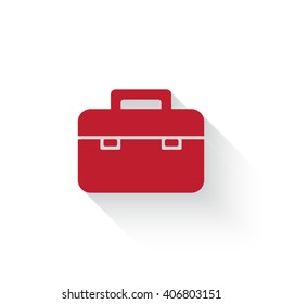 Flat red Briefcase web icon with long drop shadow on white