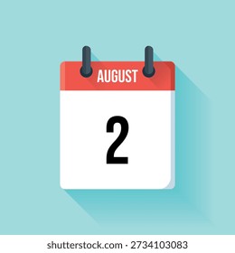 Una página de calendario plana y roja muestra el mes de agosto y la fecha, la segunda.
