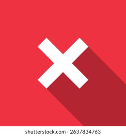 Flat Red Cancel Icon, White X Symbol with Long Shadow Vector.