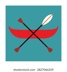 Flat of a red canoe with two crossed oars on a solid teal square background boat