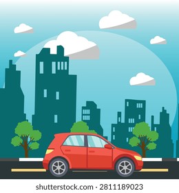 Flat Red Car Driving in City Street with Urban Skyline Background Vector Illustration