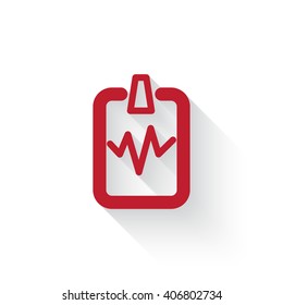 Flat red Cardiogram Clipboard web icon with long drop shadow on white