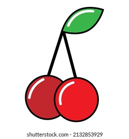 Flat red cartoon cherry. Fresh healthy food. Love symbol. Sweet food. Vector illustration. stock image.