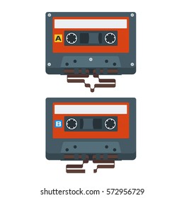 Flat Red Cassette Tape Icons. Vector Illustration