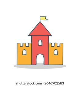 Flat red castle icon with a yellow flag in vector format. Great for children’s content, game UI, fairy themes, educational materials, or whimsical graphics.