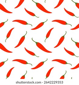 Flat red chili pepper seamless pattern. Minimalist spicy food background, ideal for packaging, textiles, and kitchen designs.