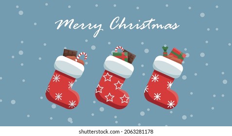 Flat red Christmas socks with lots of gifts and presents. 