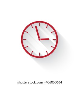 Flat red Clock web icon with long drop shadow on white