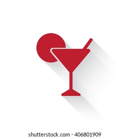 Flat red Cocktail web icon with long drop shadow on white