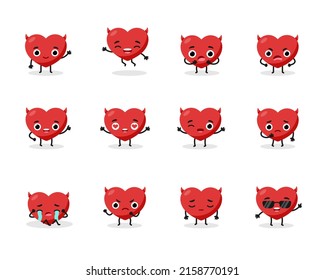 Flat red collection emotions evil heart head face with horns. 