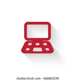 Flat red Computer web icon with long drop shadow on white