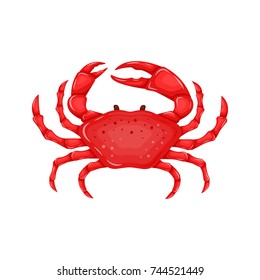 Flat red crab isolated on white background - vector illustration. Sea water animal icon with claws. Seafood product design